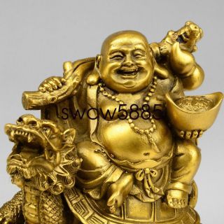 Old Chinese Copper Money Happy Laugh Maitreya Buddha On Dragon Turtle Statue NTR 7