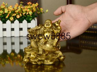 Old Chinese Copper Money Happy Laugh Maitreya Buddha On Dragon Turtle Statue NTR 8
