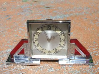 Vintage Art Deco Chrome & Red Perspex Mantle Clock Desk Clock Wind Up Gwo
