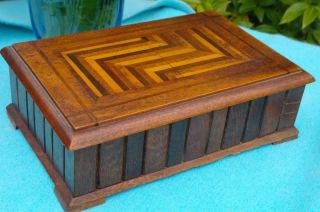 Antique Art Deco Jewellery Box Parquetry Geometric Multi Wood Cigar Box 30s Chic