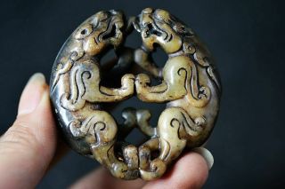 Distinctive Chinese Old Jade Carved Double Beast Amulet Pendant J15