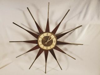 Vtg Rusty Mid Century Modern Starburst Sunburst Atomic Wall Clock Elgin Wood
