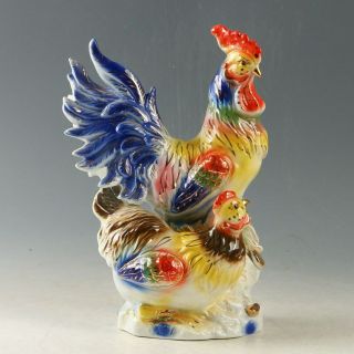 Chinese Exquisite Porcelain Hand Carved Rooster & Hen Statue My1103