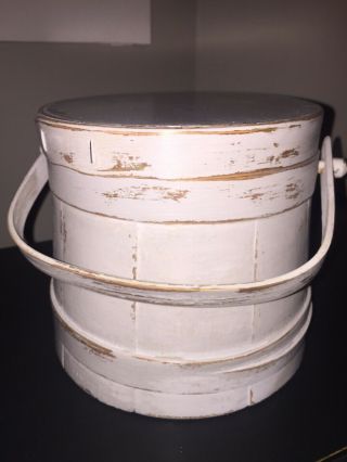 Vintage 6.  5” Tall Firkinsugar Bucket - 3 Wood Finger Bands Painted Grey
