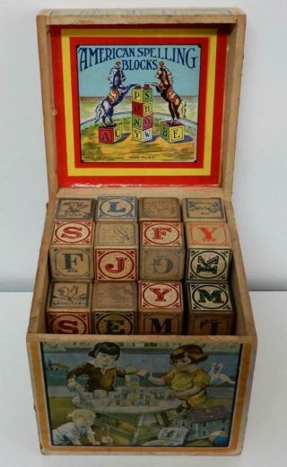 18 - 1900s 64 “american Spelling Blocks” In Wood Box - Embossed,  6 - Sided