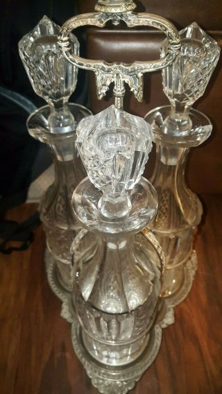 Antique Regency Three Cut Glass Decanter In A Set On Silvet Plate Stand