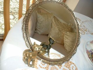 Vintage Brass Fancy Edge Mirror With Brass Cat