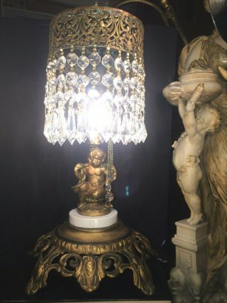 Fine Antique French Gilt Bronze Neoclassic Cherub Lamp W/ Cut Crystals,  C1920