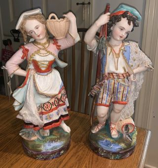 Large 16 " Pair Antique French Bisque Porcelain Figurine Figure Pair Fishing