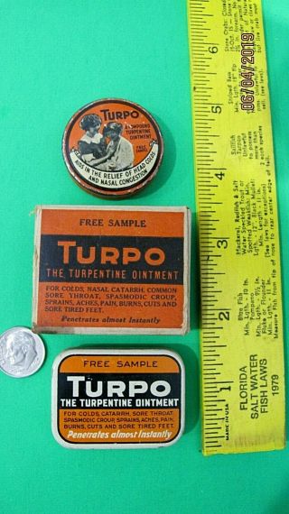 2 Vintage Sample Medicine Tins,  Turbo Turpentine Ointment W/box And Paperwork