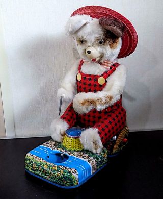 Vintage Tinplate Battery Operated Fishing Bear,  Alps,  Japan.  Ex.