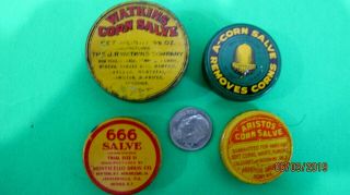 4 Vintage Medicine Tins,  3 Corn Salve And One 666 Salve Tin Collectible Tins