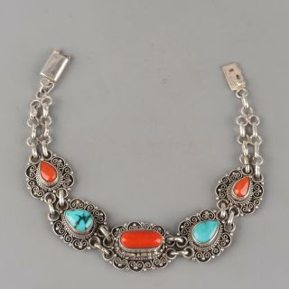 Chinese Exquisite Handmade Silver Mosaic Coral Turquoise Bracelet