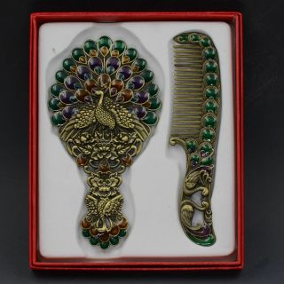 A Set Of Exquisite Chinese Cloisonne Handmade Peacock Pattern Mirror & Comb 13