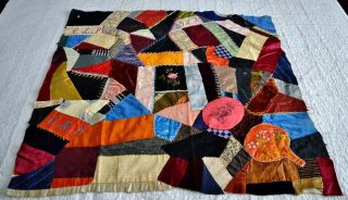 Antique Large Crazy Work Quilt Block With Embroidery And Feed Sack
