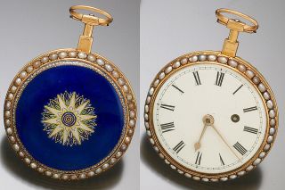 Antique Pocket Watch 18k Gold Blue Enamel & Pearl Case Lever Conversion Fusee