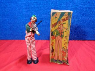 Antique Tin Litho Toy Wind Up Circus Clown With Violin Carnival Toy