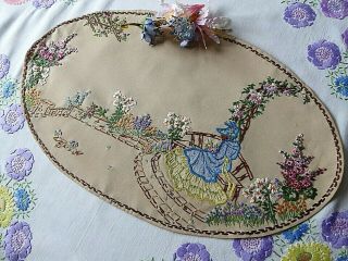 Vintage Hand Embroidered Tray Cloth/table Topper - Crinoline Lady