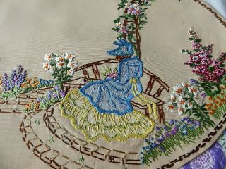 VINTAGE HAND EMBROIDERED TRAY CLOTH/TABLE TOPPER - CRINOLINE LADY 5