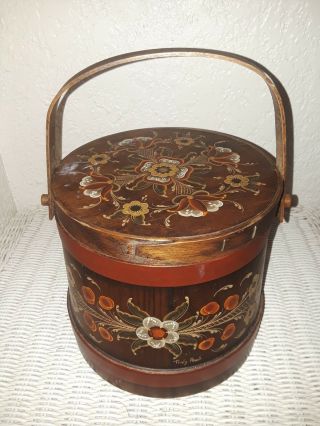 Antique Shaker Style Folk Art Rosemailing Painted Firkin Pantry Bucket,  Signed