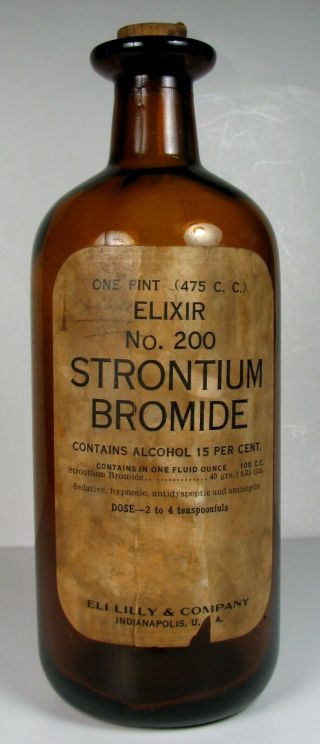 1 Pt Brown Glass Apothecary Bottle - Strontium Bromide By Eli Lilly & Company