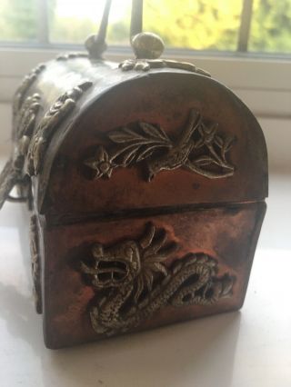 Copper Trunk With Inlaid Figurines.  Very Old.  4.  5”x4.  5”.  Inside Lined With Velvet 2