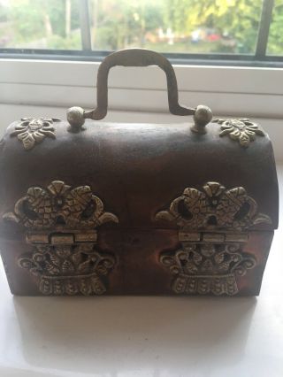 Copper Trunk With Inlaid Figurines.  Very Old.  4.  5”x4.  5”.  Inside Lined With Velvet 3