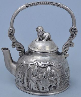 Collectable Handwork Miao Silver Carving Poet Playing Chess Exorcism Old Tea Pot