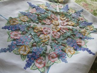 Vintage Hand Embroidered/Open cut work Linen Tablecloth - FLORALS 2