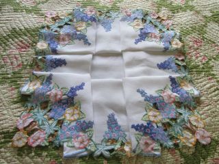 Vintage Hand Embroidered/Open cut work Linen Tablecloth - FLORALS 3