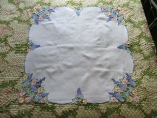 Vintage Hand Embroidered/Open cut work Linen Tablecloth - FLORALS 5