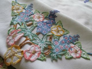 Vintage Hand Embroidered/Open cut work Linen Tablecloth - FLORALS 6