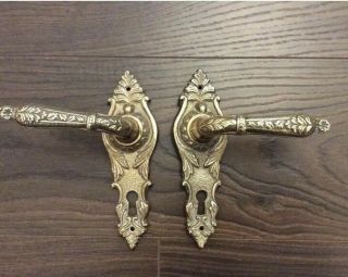 Vintage Antique Solid Brass Door Handles Ornate Keyhole