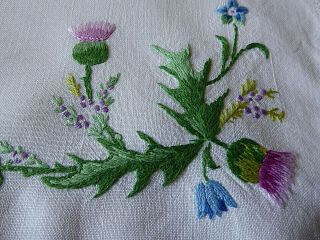 Vintage Hand Embroidered Tray Cloth - Scottish Thistles And Bluebells