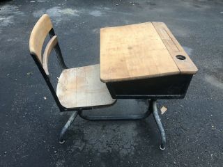Vintage School Desk W/attached Chair W/ Inkwell Wood/iron Good Con.