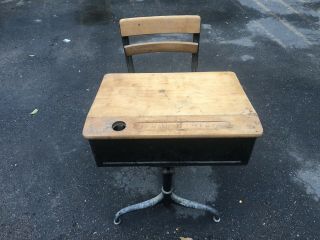Vintage School Desk w/attached Chair w/ Inkwell Wood/Iron Good Con. 2
