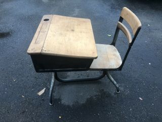 Vintage School Desk w/attached Chair w/ Inkwell Wood/Iron Good Con. 3