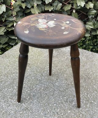 Antique Vintage Wooden Farmhouse Milking Stool Hand Painted Flowers Decoration