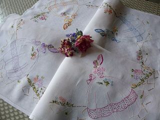 Vintage Hand Embroidered Tablecloth/ Lovely Crinoline Ladies And Bluebirds