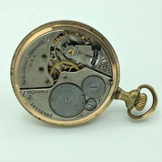 1917 Elgin GF 15 Jewel Double Roller Open Face Pocket Watch Size 16s No 19178582 3