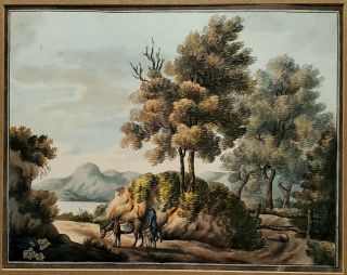 Antique C.  1810 Georgian 19th C.  English Country Landscape Watercolor Painting