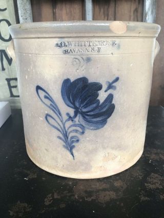 Antique A O Whittemore Havana Ny Stoneware Crock 2 Gallon Blue Flower Design