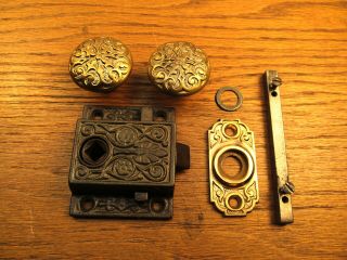 Old Screen Door Latch.  Lock.  Brass ? Bronze ? Knobs.  Escutcheon.  Fancy Ornate