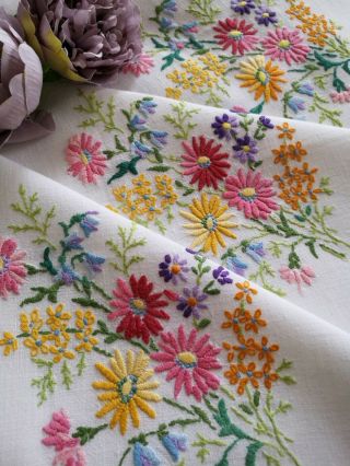Gorgeous Vtg Hand Embroidered Linen Tablecloth Wild Flowers
