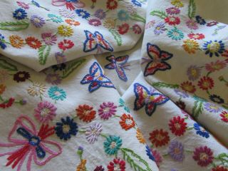 Vintage Hand Embroidered Linen Tablecloth 72 " X 42 " - Pretty Butterflies,  Floral 