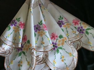Vintage Linen Hand Embroidered Tablecloth Anemones/roses