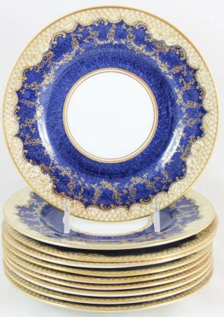 English Set 12 Bread Plates Crown Staffordshire A13044 Sponge Cobalt Blue Gold