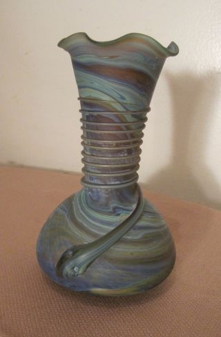 Antique Detailed Hand Blown Made Rainbow Carnival Glass Snake Motif Matte Vase