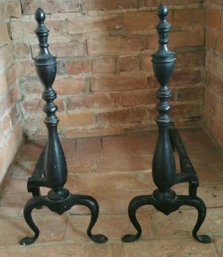 Old Vintage Cast Iron Andirons With Finial -
