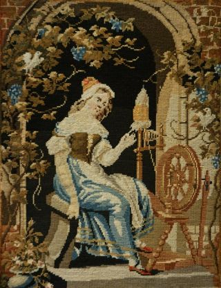 Mid/late 19th Century Needlepoint Picture Of A Woman Spinning Thread - C.  1870